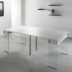 Avis Inside 75 Table console extensible 45 à 270 cm STEF XL 10 couverts piétement verre clair plateau blanc