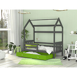 Kids Literie Lit Cabane 2 80x160 Gris - vert Livré avec sommiers, tiroir et matelas en mousse de 7cm