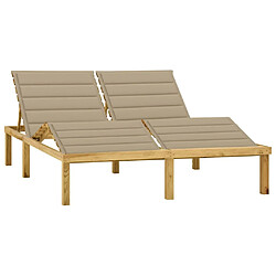 Helloshop26 Transat chaise longue bain de soleil lit de jardin terrasse meuble d'extérieur double et coussins beige bois de pin imprégné 02_0012747