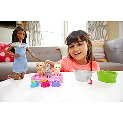 Barbie Famille Coffret le Bain des Animaux, poupée Brune avec Figurines Chiot, Chaton et lapin, Accessoires, Jouet pour Enfant, FXH12