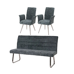 Decoshop26 Lot de 2 chaises de salle à manger avec accoudoirs + banc 180 cm inox brossé tissu chenille marron 04_0008285