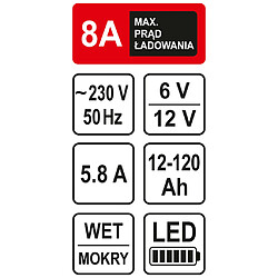 Sthor Chargeur de batterie avec LED 6/12V 8A 120Ah