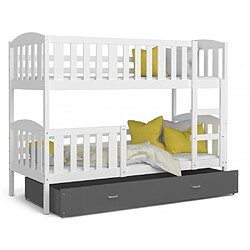 Kids Literie Lit Superposé Teo 90x190 Blanc - gris Livré avec sommiers, tiroir et matelas en mousse de 7cm