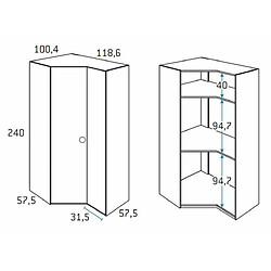 Inside 75 Armoire d'angle pan-coupé droite 2 portes 118,6 x 240 cm finition chêne blanchis intérieur double