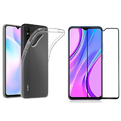 Pack coque transparente en TPU et Protection écran vitre en verre trempé FULL cover noir pour Xiaomi Redmi 9A 4G - pochette XEPTIO