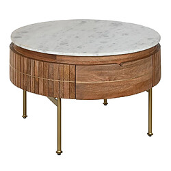 Pegane Table basse ronde en marbre blanc et bois de manguier coloris marron - Diamètre 85 x Hauteur 45 cm