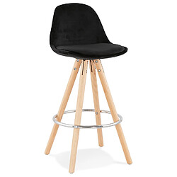 Alterego Tabouret snack mi-hauteur 'SPIRIT MINI' en velours noir et pieds en bois naturel