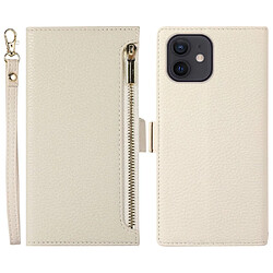 Etui en PU texture litchi avec support, pochette à fermeture éclair et sangle pour votre iPhone 11 6.1 pouces - blanc