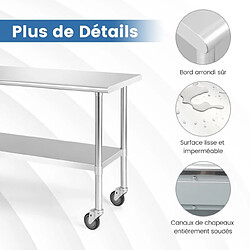 Avis Helloshop26 Table plan de travail cuisine à roulettes en acier inoxydable à 2 niveaux avec étagère inférieure réglable charge max 250 kg 20_0007439