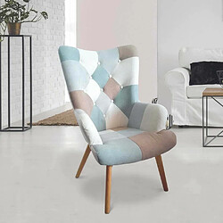 The Home Deco Factory Fauteuil en tissu patchwork pieds en bois brut Alta bleu.