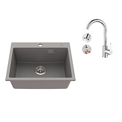 Auralum MAX 1 Bac Évier Cuisine en Granit,55*45*20cm,Kit de Vidage,Gris+Elégant Mitigeur de Cuisine Chromé,Pivotant 360°