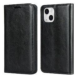 Etui en cuir véritable crazy horse, anti-poussière, avec porte-carte noir pour votre Apple iPhone 13 6.1 pouces