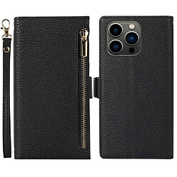 Etui en PU texture litchi, anti-écaillage avec pochette à fermeture éclair et sangle pour votre iPhone 14 Pro Max - noir