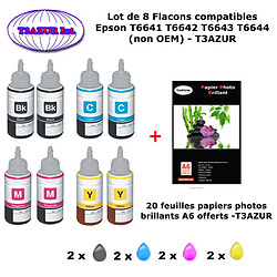 8 flacons compatibles Epson T6641 T6642 T6643 T6644 T66XL pour Epson Ecotank ET 14000 16500 2500 2550 -20f A6 brillantes -T3AZUR