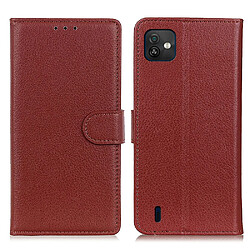 Etui en PU texture litchi, fermoir magnétique avec support pliable, marron pour votre Wiko Y82