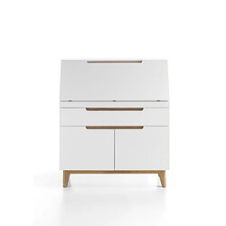 Acheter Pegane Bureau de sécretaire en laqué blanc mat avec piètement en chêne - L97 x H113 x P40 cm