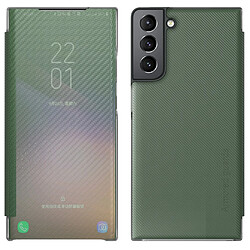 Coque en TPU anti-rayures, translucide, fibre de carbone avec béquille pliable vert pour votre Samsung Galaxy S22 Plus