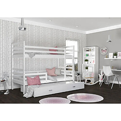 Kids Literie Lit Superposé 3 Places Milo 90x190 Blanc - blanc Livré avec sommiers, tiroir et matelas en mousse de 7cm