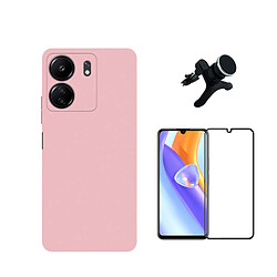 Kit de film en verre trempé de la couverture en 5D + boîtier en silicone liquide + porte-voiture renforcé Phonecare pour Xiaomi Redmi 13C - rose