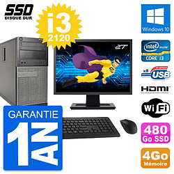 PC Tour Dell 390 MT Ecran 27" i3-2120 RAM 4Go SSD 480Go HDMI Windows 10 Wifi - Occasion