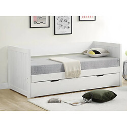 Vente-Unique Lit gigogne banquette 90 x 190 ou 174 x 190 cm - Avec sommier peigne et tiroir - Pin et MDF - Blanc + matelas - ALFIERO II