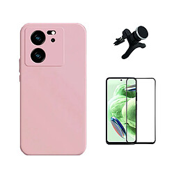 Kit Film Verre Trempé de la Étui Complète 5D + Étui Silicone Liquide + SuppOrt Magnétique Renforcé Phonecare pour Xiaomi 13T - Rose