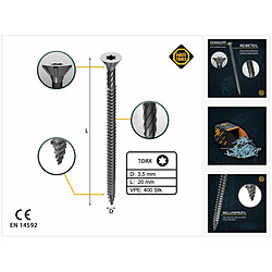 Forte-Forte FORTE Tools Vis à bois universelle 3,5 x 20 mm T15, Argent galvanisé, Tête fraisée Torx, Filetage total, 400 pcs. (2x 000040113861)