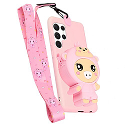 Coque en silicone motif animal de dessin animé avec lanière Rose clair/porc pour votre Samsung Galaxy S22 Ultra 5G