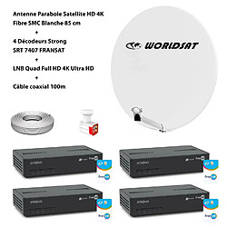 Kit Antenne Parabole Sat HD 4K Fibre SMC Blanche 85cm WORLDSAT + 4 Décodeurs Strong SRT 7407 FRANSAT + LNB Quad 4K Ultra Full HD + Câble coax 100m