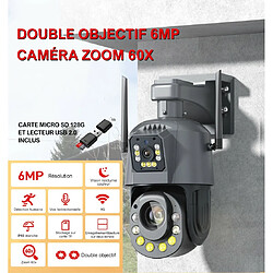 Caméra de Surveillance Sécurité Extérieure PTZ Double Objectif IP HD 6MP 4G Sans Fil Zoom 60X App + Carte Micro SD 128G + Lecteur