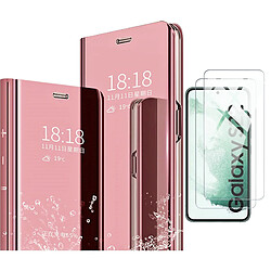 Coque Folio Rabat Miroir Rose + 2 Verres Trempes Pour Samsung Galaxy S22 5G Little Boutik®