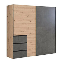 Armoire 2 portes coulissantes 3 tiroirs - Decor chene artisan et beton gris - L 200,1 x P 61,2 x H 200,5 cm - WINN2