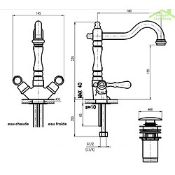 Rav Mélangeur lavabo rétro ROMANTIQUE avec siphon en chrome, laiton ou or