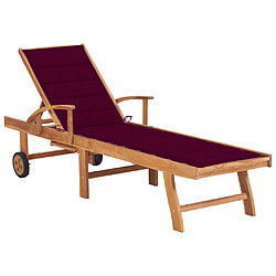 Helloshop26 Transat chaise longue bain de soleil lit de jardin terrasse meuble d'extérieur avec coussin rouge bordeaux bois de teck solide 02_0012504