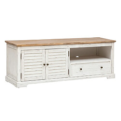 Pegane Meuble TV en bois d'acacia et MDF coloris blanc - longueur 140 x Profondeur 40 x Hauteur 50 cm