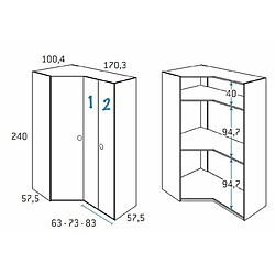 Inside 75 Armoire d'angle pan-coupé 2 portes 170,3 x 240 cm finition chêne blanchis porte droite pliante intérieur double