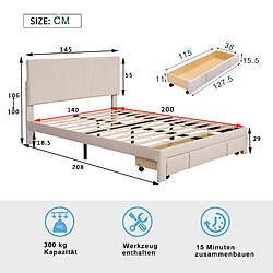 Acheter KOMHTOM Lit Capitonné Double 140 X 200 cm Avec Sommier À Lattes - Dossier et Grand Tiroir - En Velours - Beige Foncé - Sans Matelas