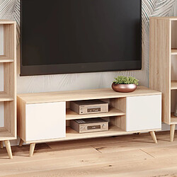 Alter Meuble TV avec 2 portes et 1 étagère centrale, Buffet avec pieds, Buffet de salon style scandinave, 155x40h50 cm, coloris Blanc et Chêne