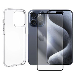 Coque de protection souple silicone transparente + Lot de 2 Verre trempé avec bords Noir pour iPhone 15 Pro Max 6.7" - VISIODIRECT -