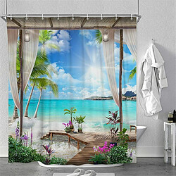 Universal Ensemble de rideaux de douche imprimés en 3D Sunny Beach Vue sur la mer Écran de bain Rideaux de salle de bain imperméables Tapis de bain Tapis de tapis (120 * 180cm)