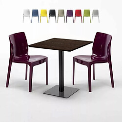 Grand Soleil Table carrée 60x60 pied noir et plateau bois avec 2 chaises colorées Ice Kiss - Pourpre