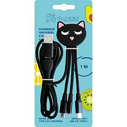 YELLO KOKO Câble 5 en 1 Andy XXL USB A+C/micro USB & USB C & Lightning 1m Chat Noir