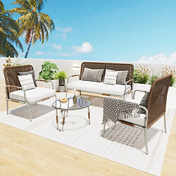 KOMHTOM Ensemble de canapés de meubles de jardin pour 4 personnes avec fauteuils, table basse et coussins beige + blanc + marron pas cher