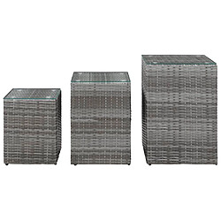 vidaXL Tables d'appoint 3 pcs et dessus en verre Gris Résine tressée