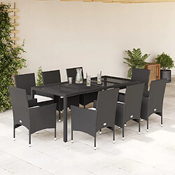 vidaXL Ensemble à manger de jardin et coussins 9 pcs noir rotin verre