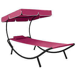 Helloshop26 Lit de repos transat chaise longue d'extérieur 200 cm avec auvent et oreiller rose 02_0012009