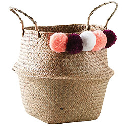 Aubry Gaspard Panier rond en jonc naturel avec pompons Ponpons multicolores.