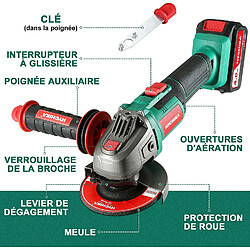 Meuleuse d'angle 18V, HYCHIKA Meuleuse Sans Fil 115mm et 8500 RPM, 4.0Ah Batterie, Charge Rapide