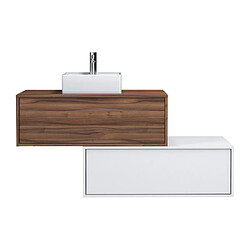 Avis Vente-Unique Meuble de salle de bain suspendu naturel foncé et blanc avec simple vasque carrée et deux tiroirs - 94 cm - TEANA II