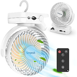 (10000mAh, Blanc) Ventilateur de Bureau, Ventilateur à Clipser avec Télécommande, Ventilateur de Camping Réglable 720 avec 3 LED de Luminosité et 3 Vitesses de Vent, Ventilateur Portable Rechargeable par USB